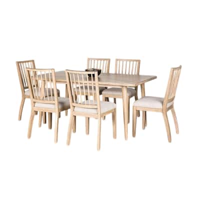 Lucas 7pc Dining Table Set, 6 Spindle Back Fabric Chair, Natural Brown