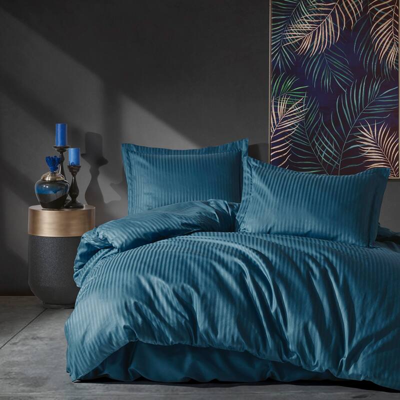Satin Duvet Cover Set, High Quality Turkish Cotton Queen Size Set, 1 Duvet Cover, 1 Fitted Sheet and 2 Pillowcases - Night Blue