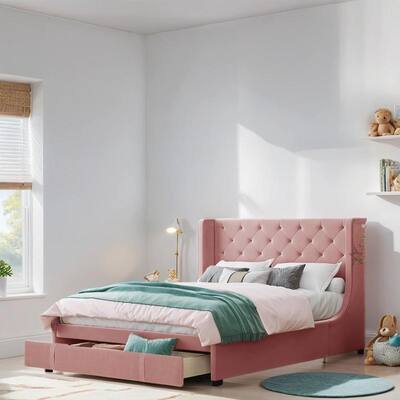 Queen Size Platform Bed with Wingback Headboard, Velvet Upholstered Bed with A Big Storage Drawer for Bedroom, Pink