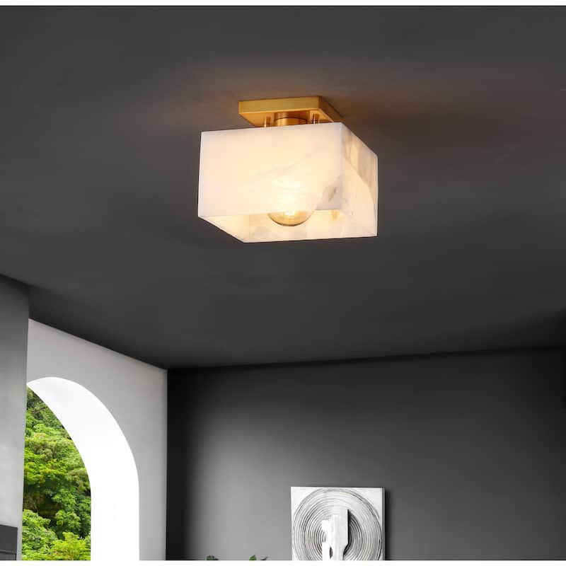Tessa 8" 1-Light Modern Contemporary Alabaster/Iron Square LED Semi Flush Mount, White Marbling/Brass Gold by JONATHAN Y