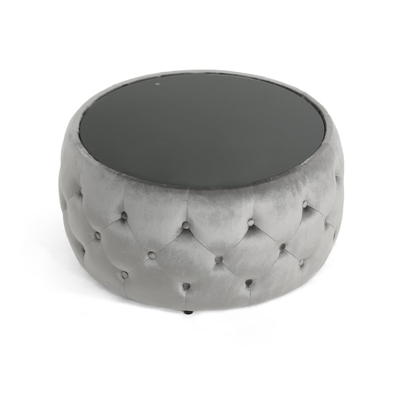 Pirana Ottoman Coffee Table, Gray Tuft Velvet, 30 Inch Tempered Glass