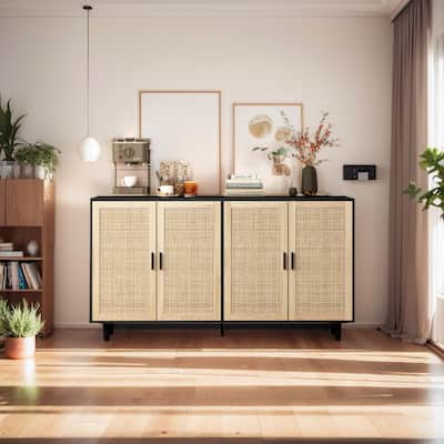 Elegant and Functional 4-Door Rattan Decorative Storage Cabinet,for Bedroom,Living Room,Office,Easy Assembly