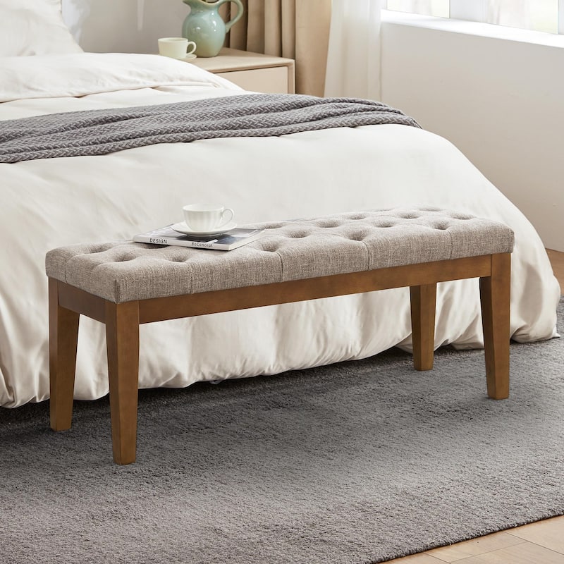 Button-Tufted Bench for End of Bed, Entryway Bench Beige/ Black/ Brown Solid Wood, Leather, Fabric 44-inch