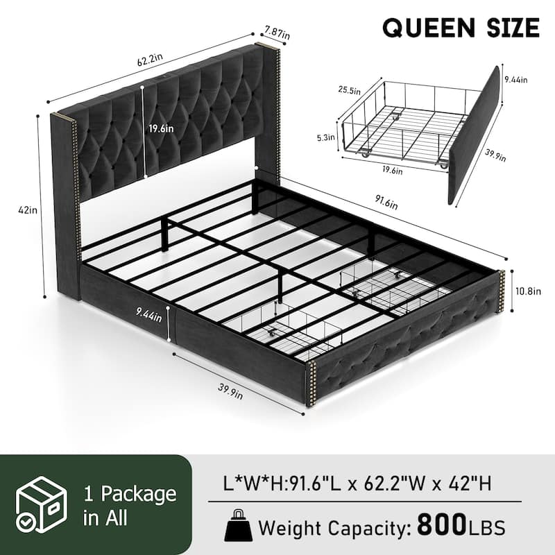Queen Size Bed Frame with 2 Storage Drawers and Wingback Headboard, Velvet Upholstered Platform Bed Frame with Charging Station