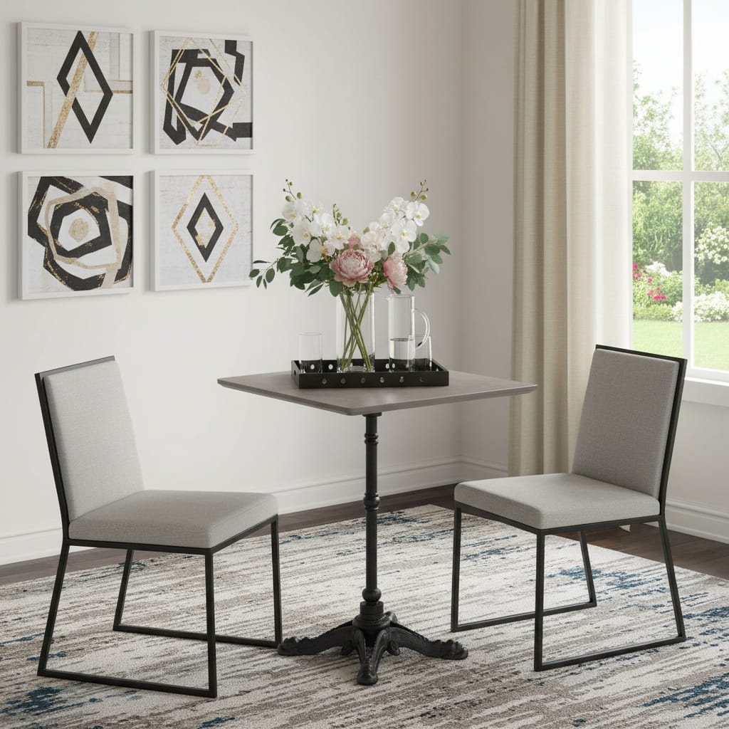 24" Gray and Black Wood And Aluminum Indoor Outdoor Pedestal Base Round Top Dining Table