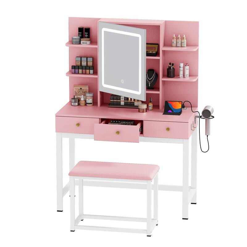 Moasis 3 Drawers Makeup Vanity Desk Set with Lights and Mirror & Stool
