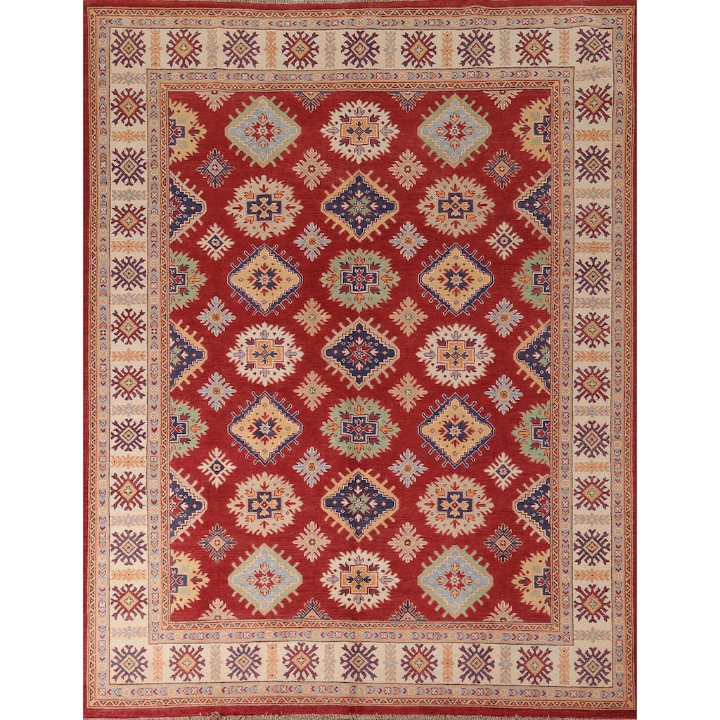 Red Geometric Kazak Area Rug Handmade Wool Carpet - 8'1" x 9'7"