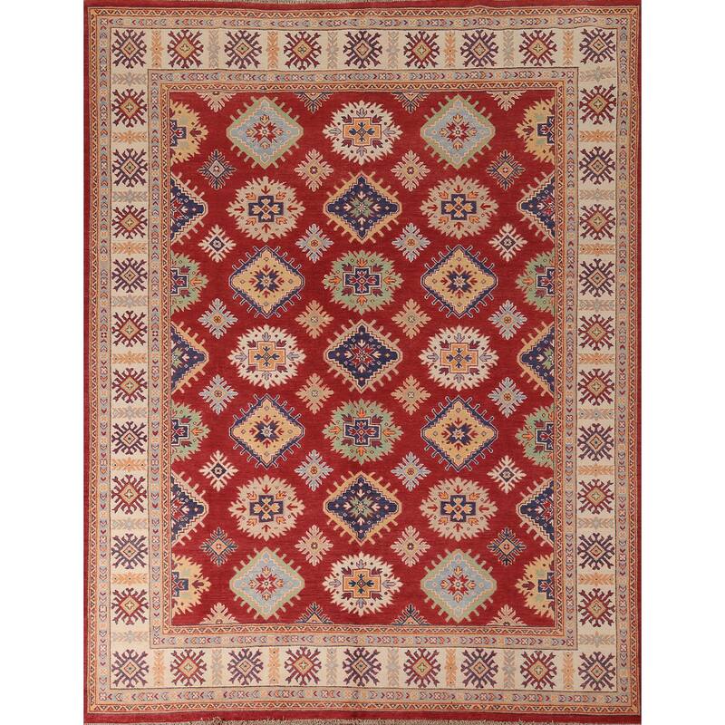 Red Geometric Kazak Area Rug Handmade Wool Carpet - 8'1" x 9'7"