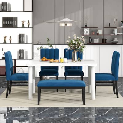 6-Piece Dining Set with Marble Veneer Table and Tufted Upholstered Dining Chairs and Upholstered Bench for Dining Room