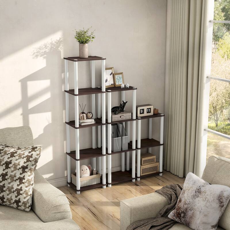 DH BASIC Modern Wood Shelving Unit with storage - Tier Shelves, Cube Ladder Shelf by Denhour