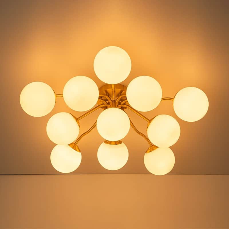 Modern 11-Light Frosted Glass Globe Wavy Arm Sputnik Semi-flush Mount - 30.7in - Brass