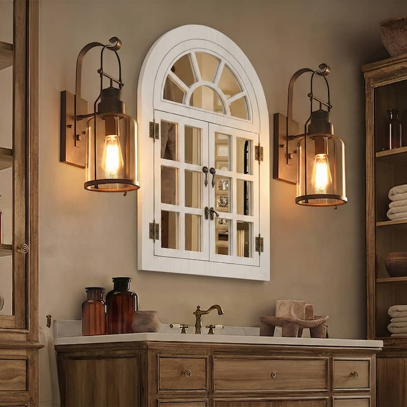 Arched Wood Framed Windowpane Accent Mirror Wall Mirror