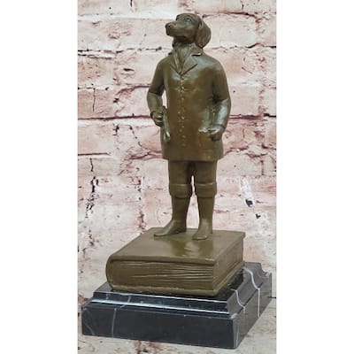Anthropomorphic Imitative Dog Bronze Sculpture On Book - Whimsical Scholarly Animal Art