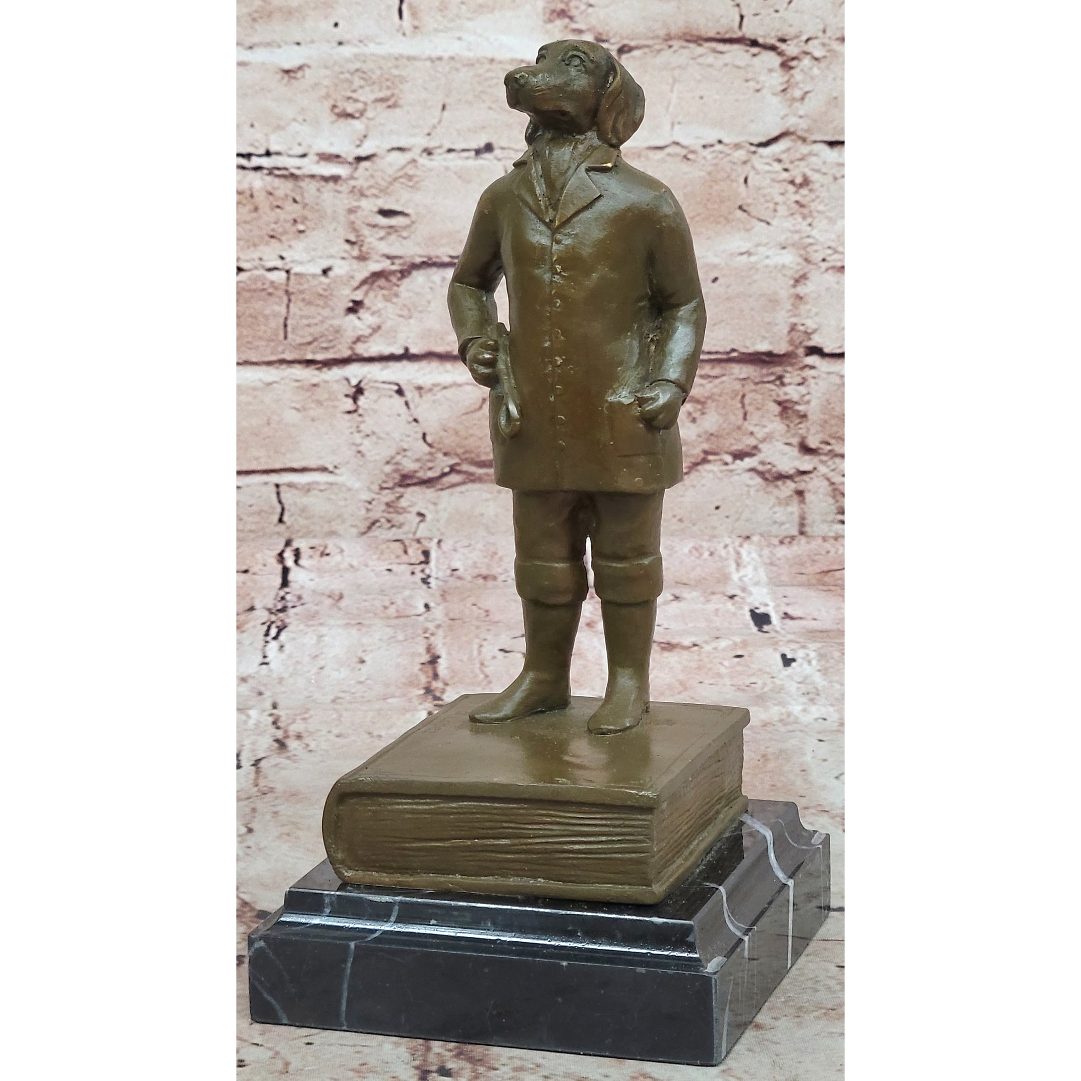 Anthropomorphic Dog Bronze Sculpture On Book - Whimsical Scholarly Animal Art