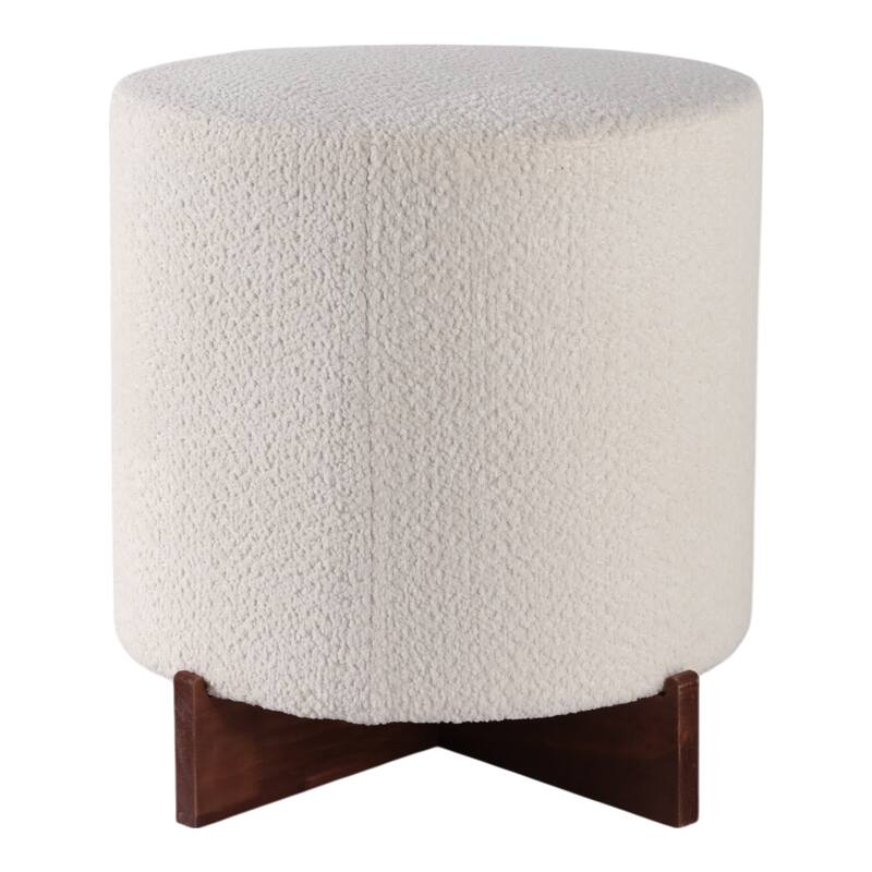 Velvet Round Ottoman Sherpa Finish and X-Base Wood Frame - 18" Ivory