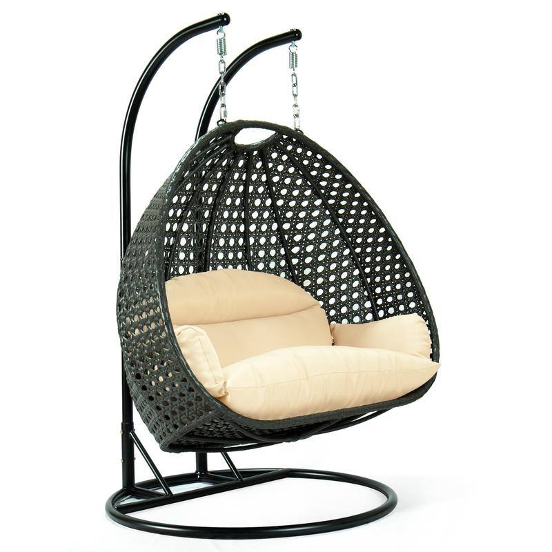Leisuremod Modern Hanging Egg Swing Chair for 2-Person with Metal Stand, Charcoal Wicker, Patio Hammock Lounger with Cushions