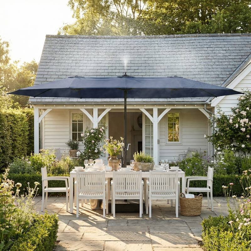 15 FT Double-Sided Patio Umbrella with Base Included, Electric Misting System 4-Level Wind Resistant Outdoor Market Umbrella