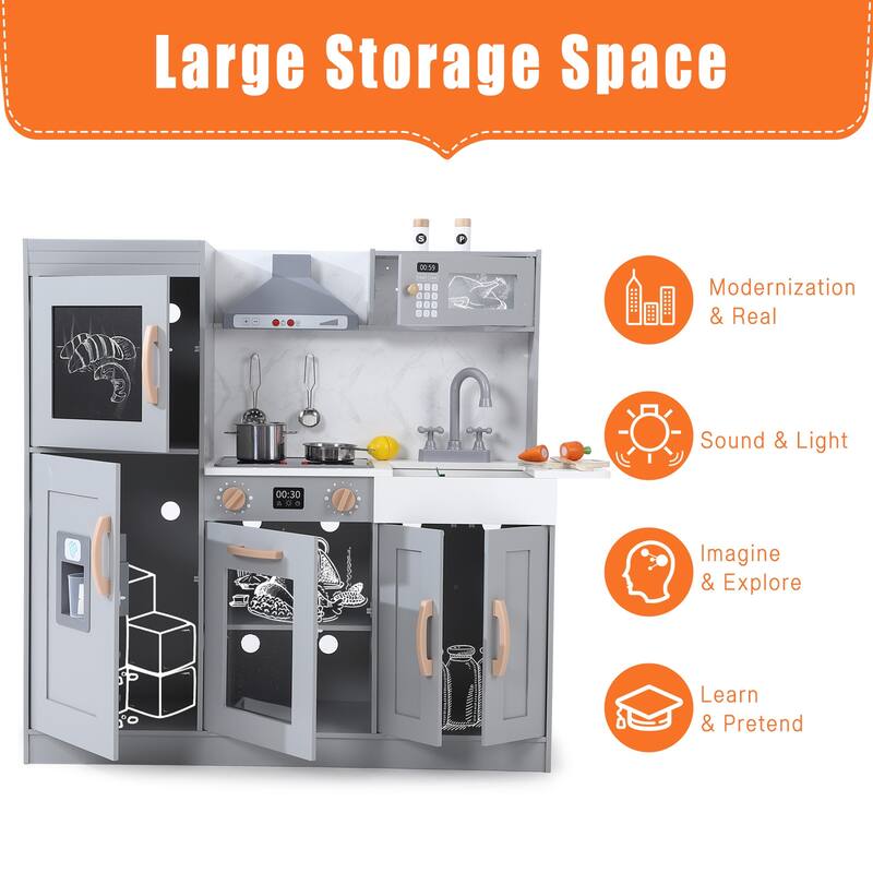 Wooden Play Kitchen for Kids with Cookware Playset,Lights & Sounds,20 Accessories and Ice Maker,Microwave,Oven,Range Hood,Sink