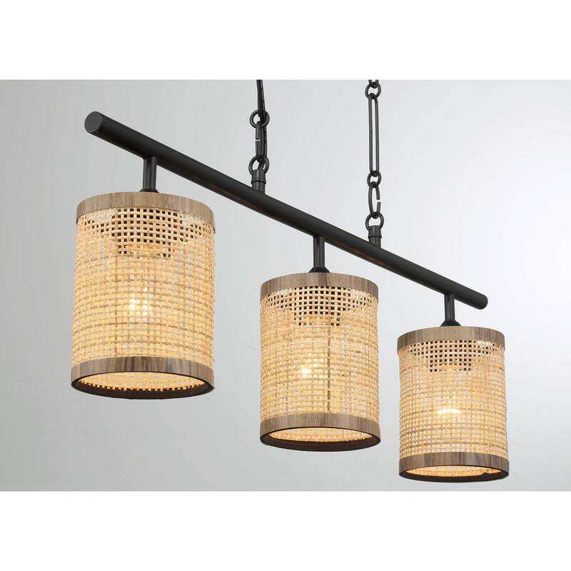 Farmhouse Three-Light Island Pendant Ceiling Light with Black Metal & Rattan Shade