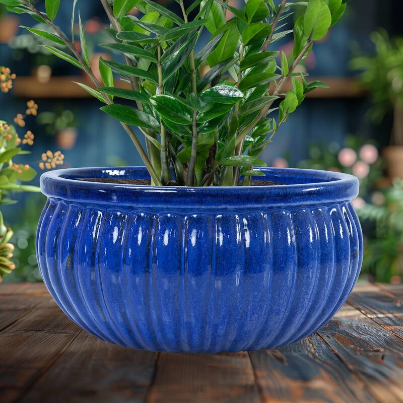 Sunnydaze Ribbed Glazed Ceramic Planter Bowl - Imperial Blue