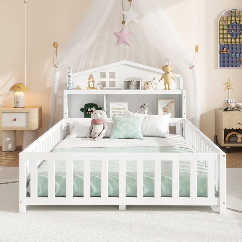 Full-size Montessori Floor Bed with Bookcases, Blackboards & Guardrails, Solid Wood Kids Platform Bed with Storage Headboard