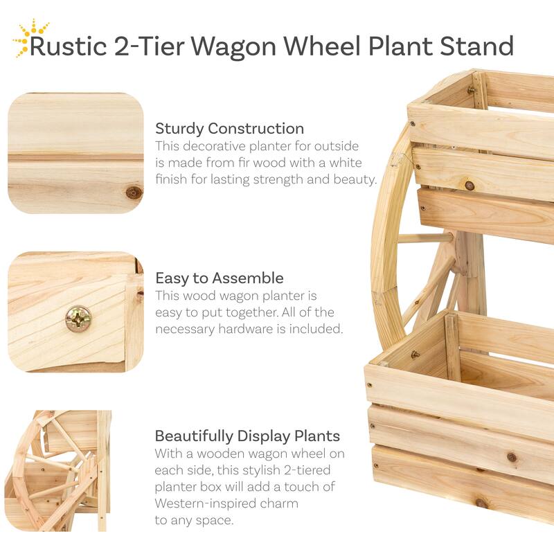 Sunnydaze Wagon Wheel 2-Tier Rustic Wood Plant Stand