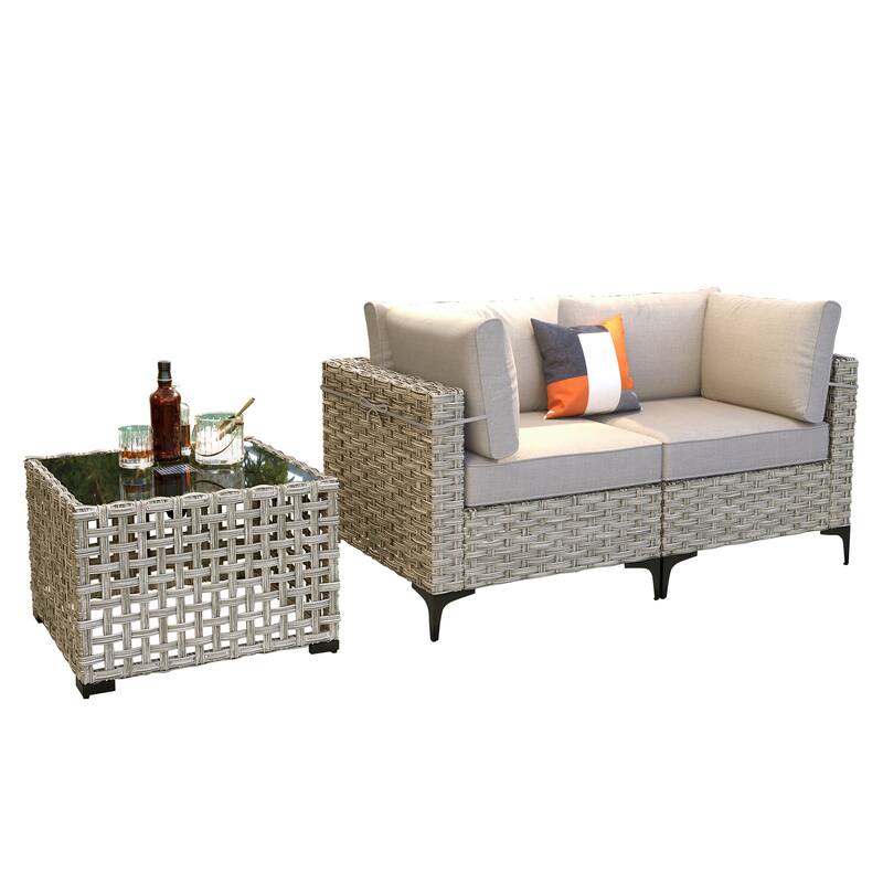 OVIOS 3 Pieces Outdoor Wicker Furniture Set With Solar-Powered Coffee Table