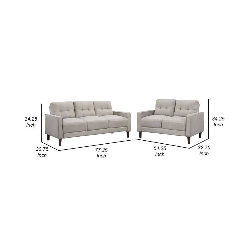 Bow 2pc Sofa Set with Track Arms and Tapered Legs, Beige Grid Tufted Fabric