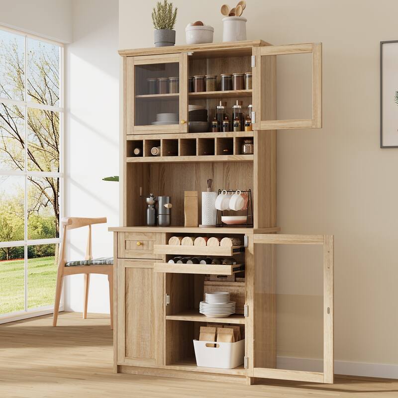 35.4 Inch Farmhouse Buffet, Freestanding Hutch with Wine Rack & Adjustable Shelves, Tall Pantry Storage Cabinet