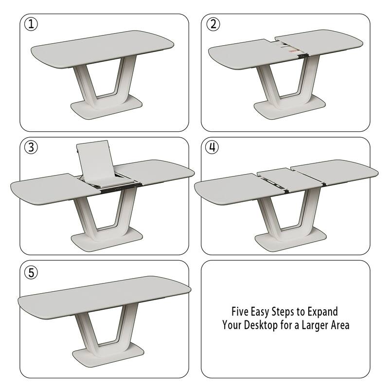 Expandable Grey White MDF Dining Table with U-Shaped Legs for Family Gatherings 2-8 Seats - 63”-78.74”L x 35.43''W x 29.92”H