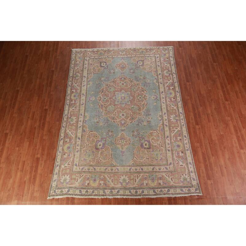 Light Blue Tabriz Persian Vintage Area Rug Hand-Knotted Wool Carpet - 7'7" x 10'9"