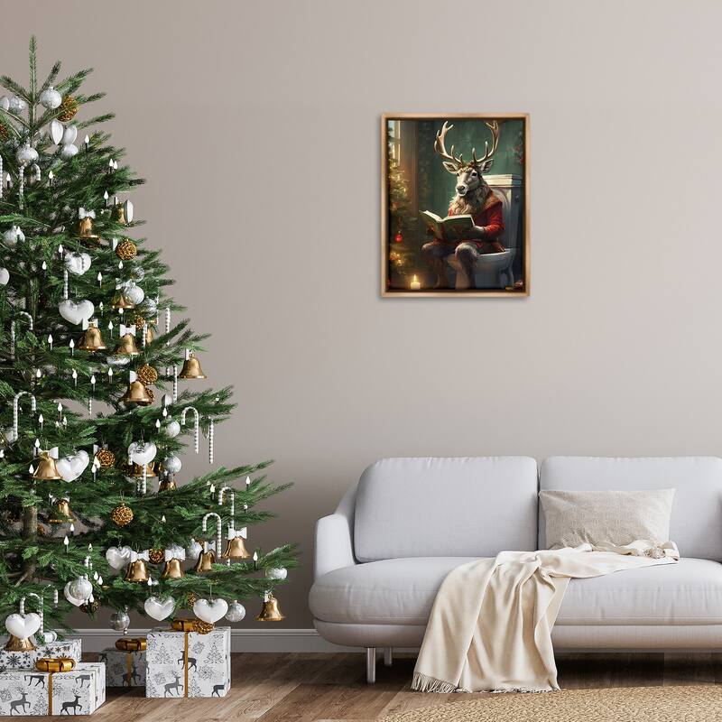 Stupell Reindeer in Festive Bathroom Framed Floater Canvas Wall Art Design By Jo Moulton