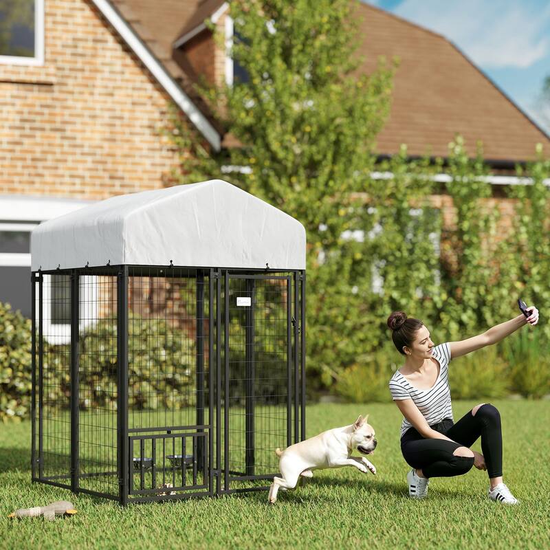 PawHut Outdoor Dog Kennel, Dog Run Welded Wire Heavy Duty with Rotatable & Height Adjustable Bowls, Dog Kennel Outside