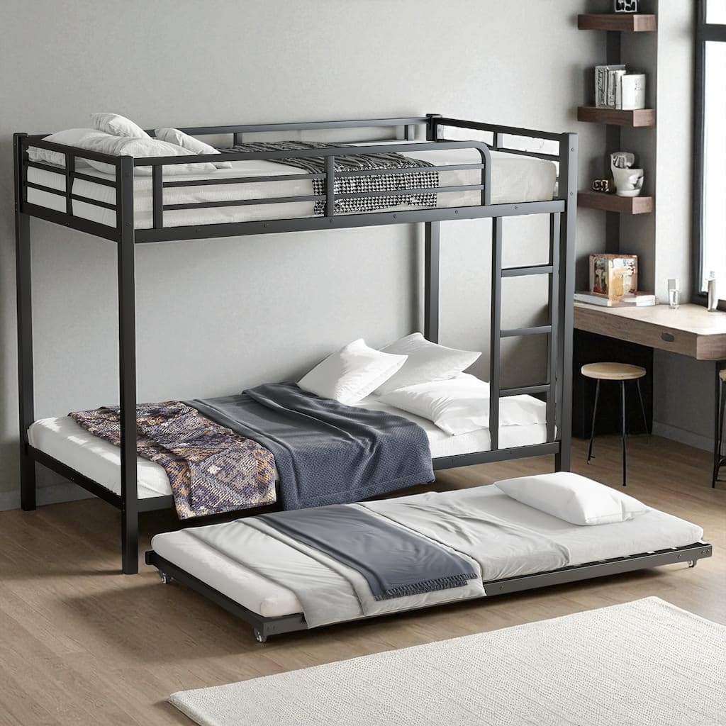 Twin XL over Twin XL/Full over Full Metal Bunk Bed with Twin Size Trundle, Black - Strong and Stable