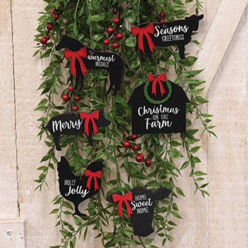 Set of 6 Farmhouse Christmas Wooden Ornaments Black Finish Hanging Holiday Decor Pieces - Cow:2.5”H x 4.25”W x 25”D