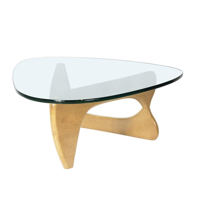 HomeRoots 54" Clear and Natural Glass and Wood Triangle Abstract Coffee Table - 54 in. x 42 in. x 4.2 in.