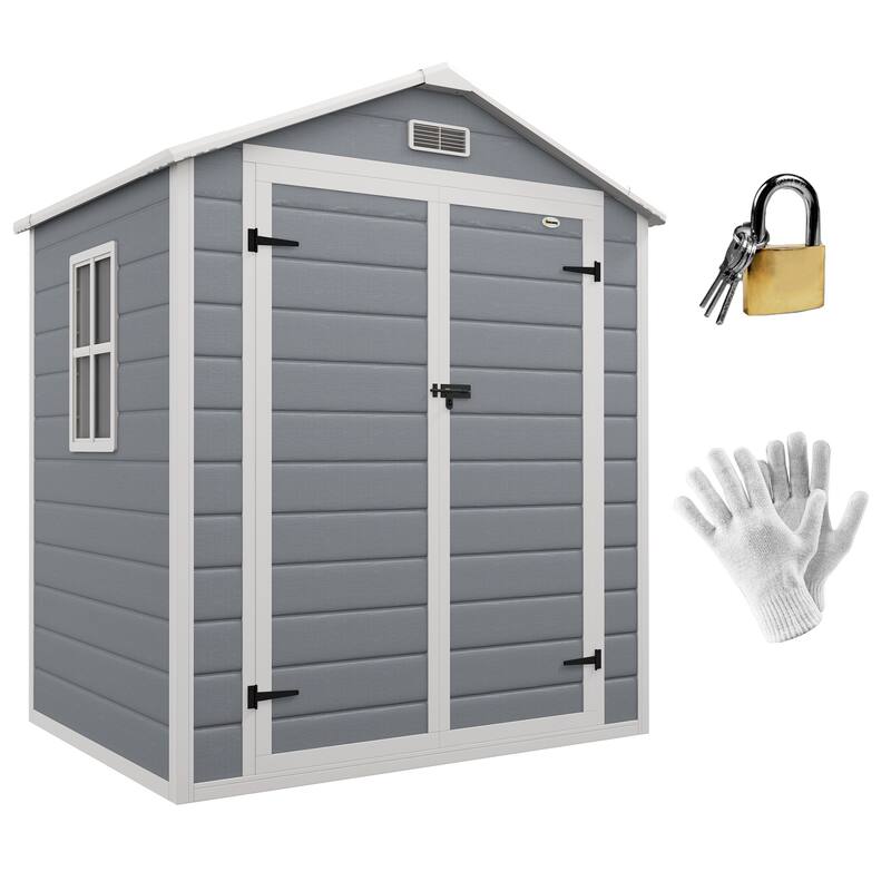 Outsunny Outdoor Storage Shed, 6' x 4.5' Garden Shed with Double Lockable Doors, Vent and Window, Plastic Utility Tool Shed