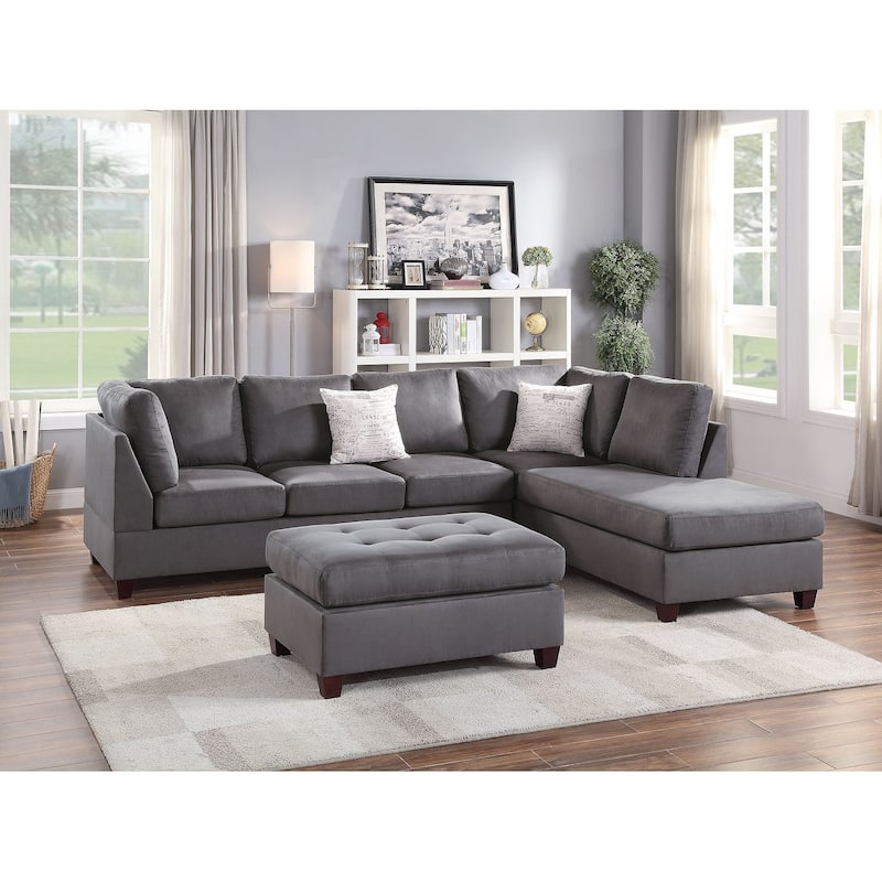 Poundex 3 Piece Fabric Sectional Sofa Set with Ottoman - Grey