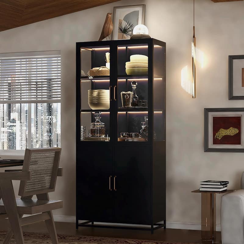 3-Sided Glass Curio Cabinet with LED Lighting - 76" Tall - Black