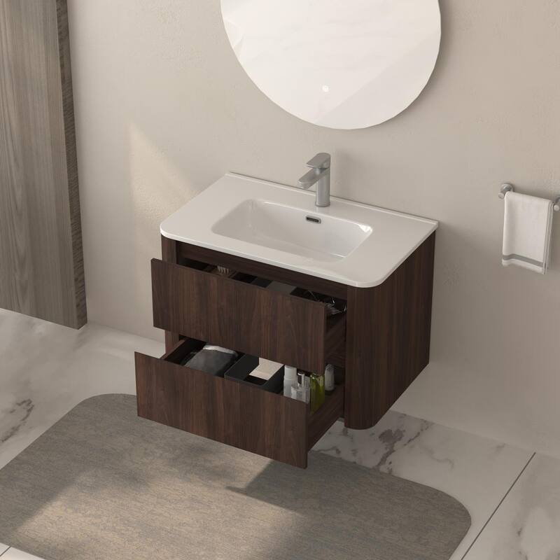 GDF Studio - Hailey American Design 30" Floating Bathroom Vanity with Sink and Two Soft-Close Drawers - Dark Walnut