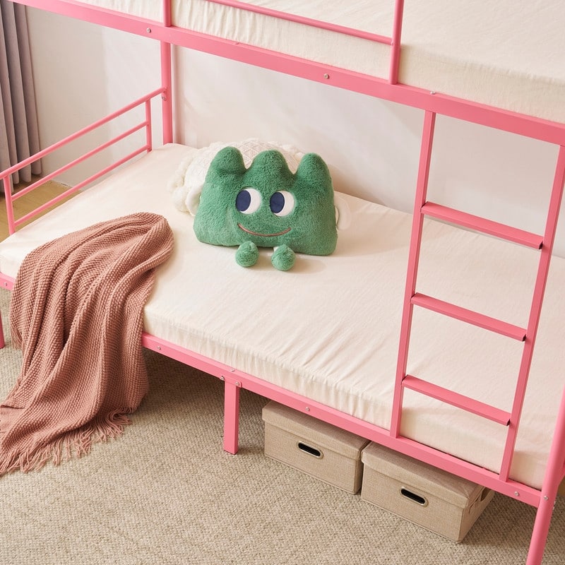 Iron Bed Bunk Bed with Ladder for Kids Twin Size White
