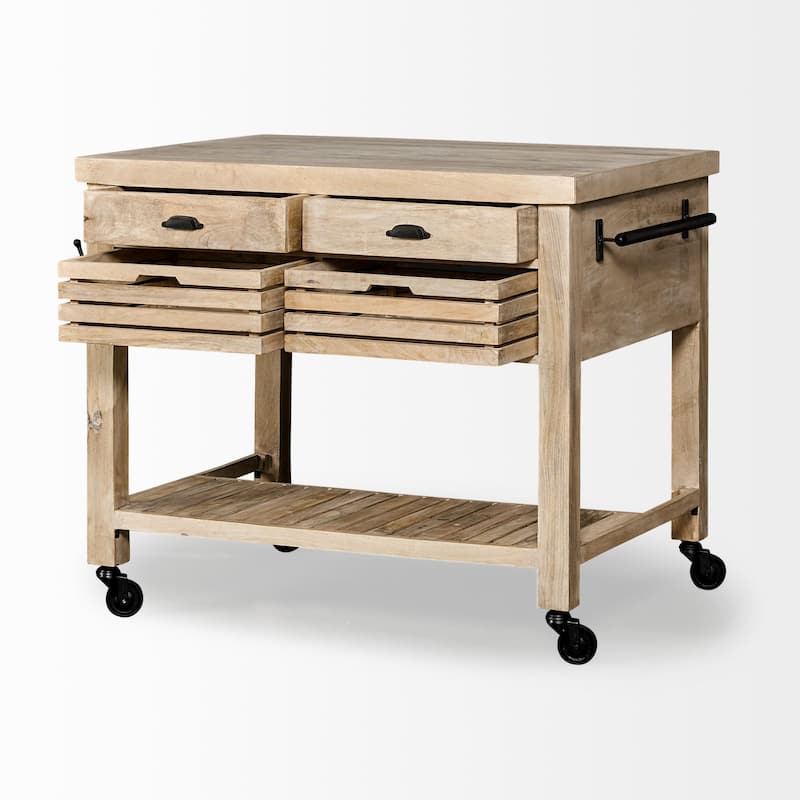Columbia II Light Brown Base w/Black Iron, Rolling Kitchen Island - 46"W x 32"D x 36"H