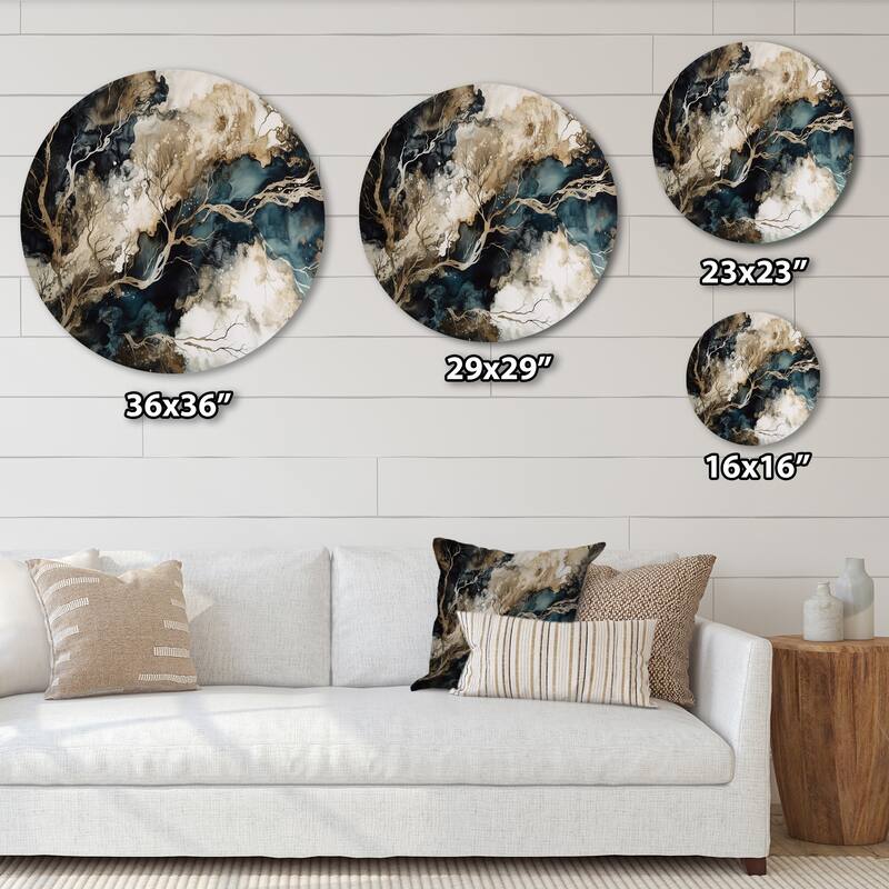 Designart "Blue Beige Marbled Dreamscape I" Modern Geometric Metal Round Wall Art