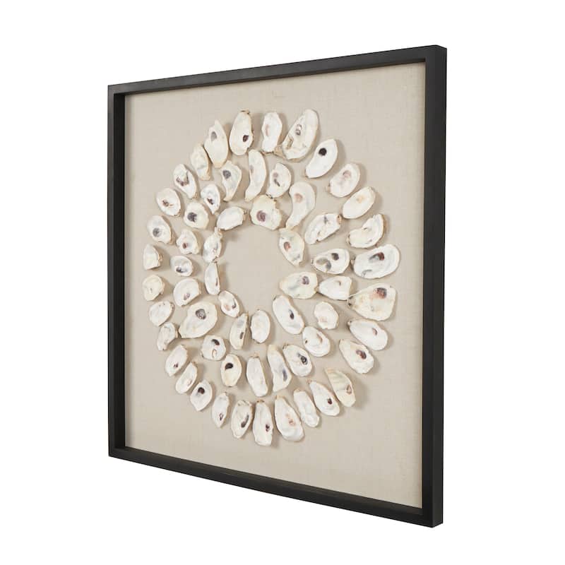 Cream Shell Handmade Abstract Circular Shell Wall Decor with Beige Linen Backing and Black Frame
