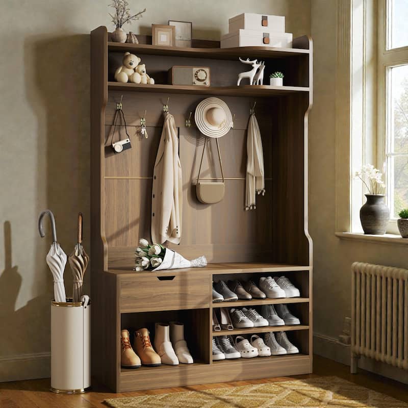 Hall Tree with Bench and Shoe Storage, 5 in 1 Entryway Organizer with Flip Shoe Cabinet, Hooks and Drawer - Walnut