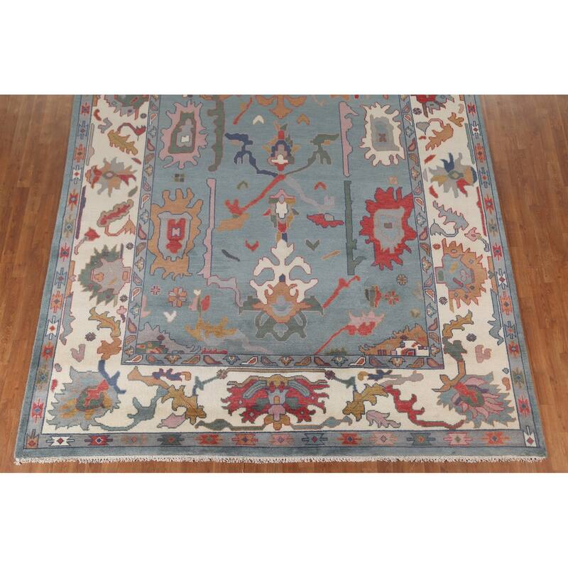 Floral Blue Oushak Oriental Area Rug Hand-Knotted Wool Carpet - 9'3" x 12'0"