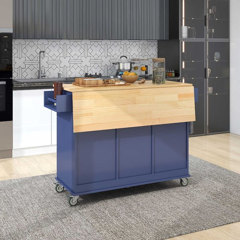 52.7 "W Folding Multifunctional Lockable Wheel Kitchen Cart with 2 Doors and 3 Drawers