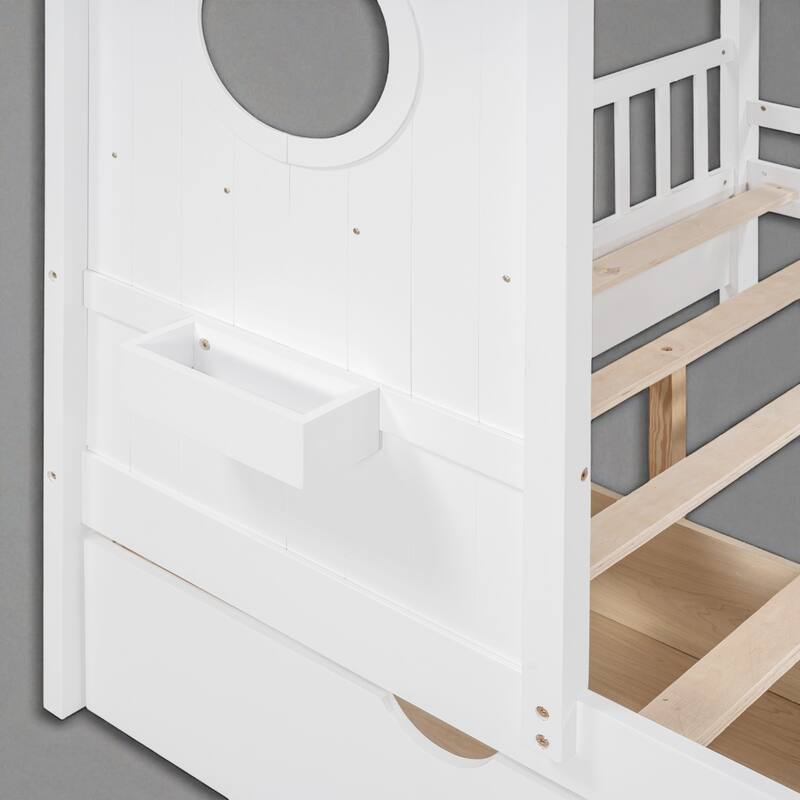 Twin/Full Size Wooden House Bed with Roof, Storage Shelf and 2 Drawers for Kids, Montessori Style
