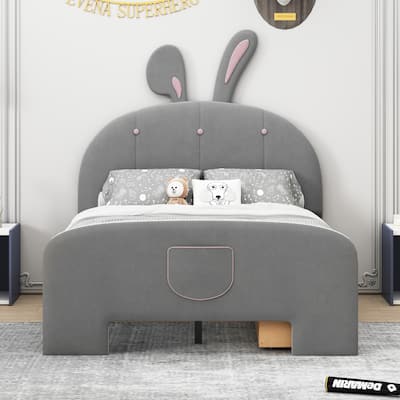 Full Size Rabbit-Shaped Platform Bed with Under-Bed Storage and Pockets