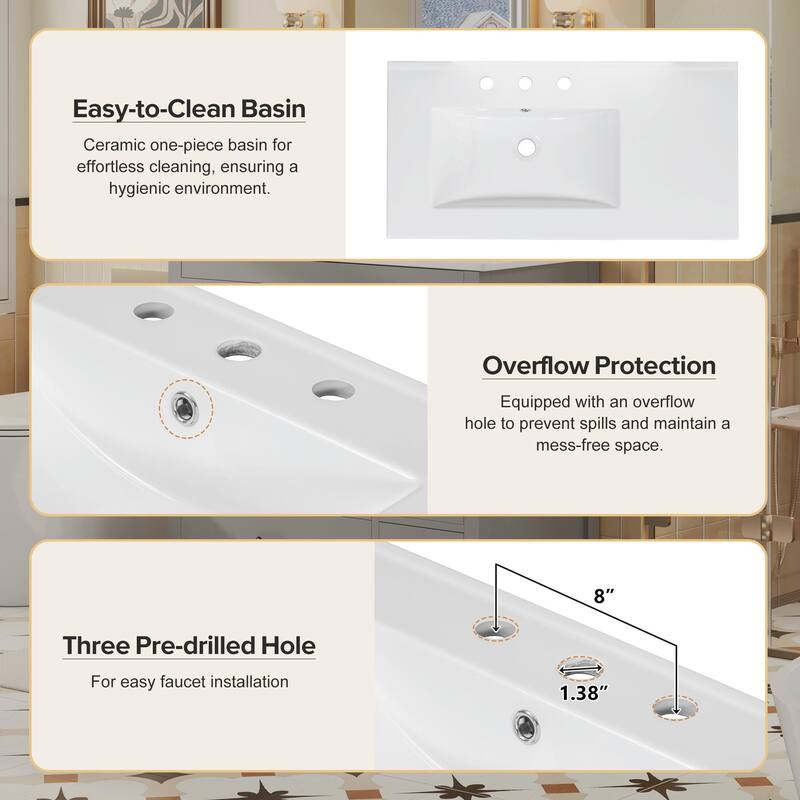 36" White Bathroom Vanity with Ceramic Sink Combo, Ample Storage Cabinet - 2 Soft-Close Doors and 5 Drawers